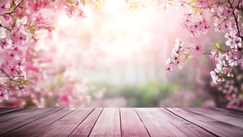 Pink flowering branches with wooden platform foreground.