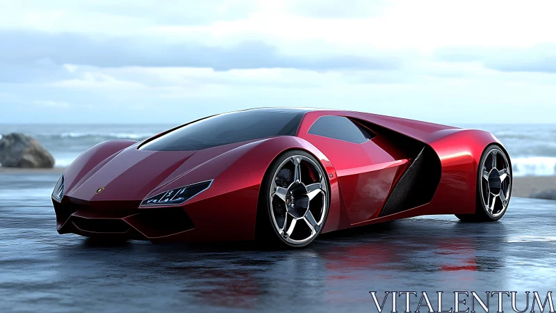 Red concept hypercar reflects on wet coastal pavement at dawn