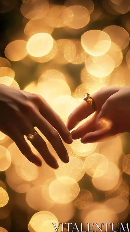 Two Hands Displaying Engagement Rings Against Warm Bokeh.