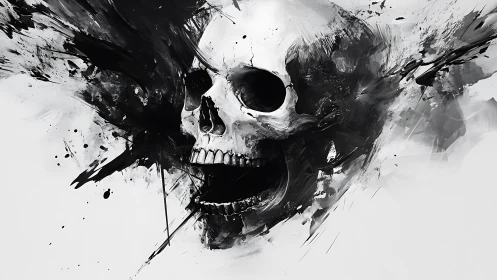 Monochrome cranial shockwave in dynamic ink dispersion field.