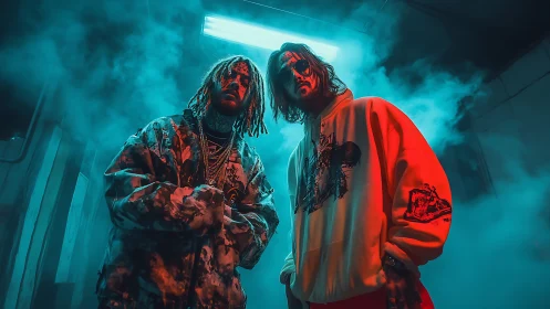 Neon smoke rappers under electric blue warehouse glow.