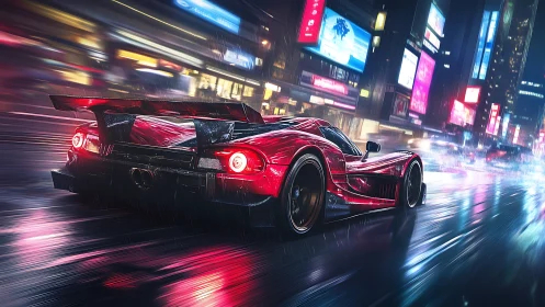Cyberpunk hypercar on neon rain-slick street at speed trail.