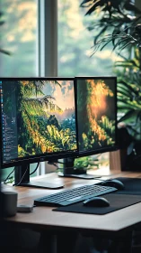 Dual-monitor workstation with lush nature desktop visuals.