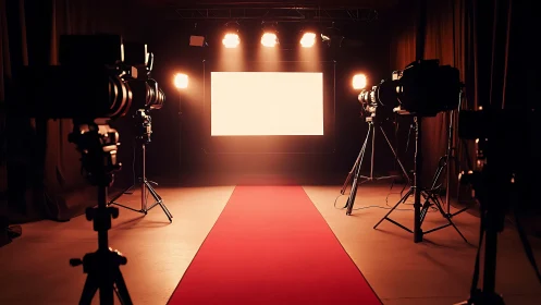 Red carpet studio corridor under cinematic key lighting.