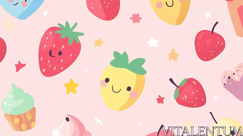 Smiling fruit friends dancing across a pastel candy sky.