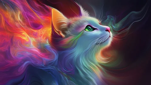 Digital painting of luminous neon cat with swirling auroras.