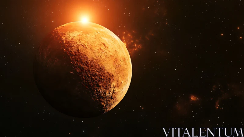 Rocky orange planet with star rising above limb in space.