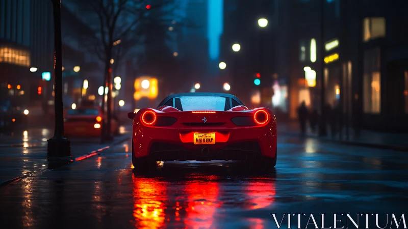 Red sports car idles in wet city street at night