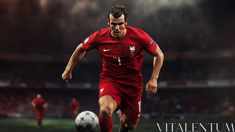 Driven soccer player in red sprints forward with fierce focus