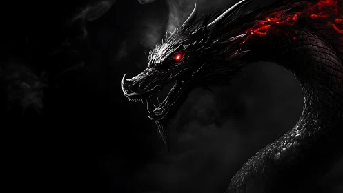 Digital painting of a black dragon head with glowing red core.
