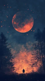 Solitary Figure Beneath a Burning Moon in Forest
