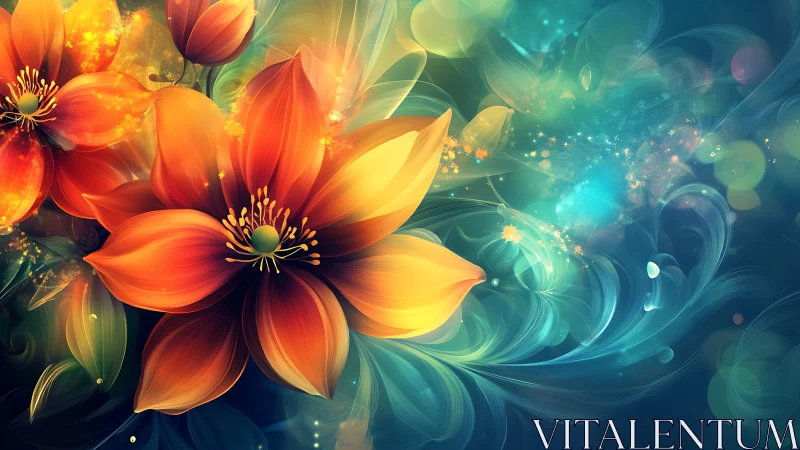 Digital render of luminous orange flowers blending with turquoise abstract forms