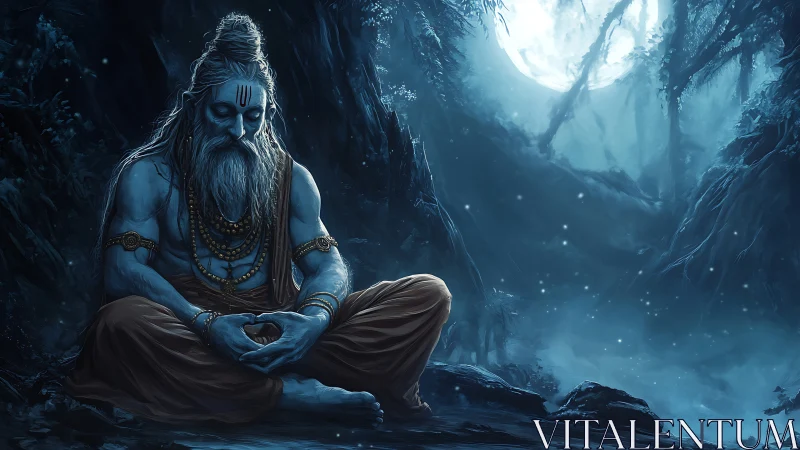 Moonlit forest sage in deep sapphire meditation hush.