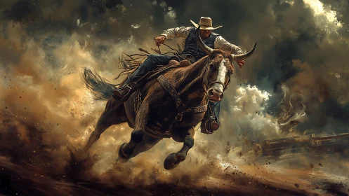 Dynamic cowboy on charging horse rendered in cinematic dust storm