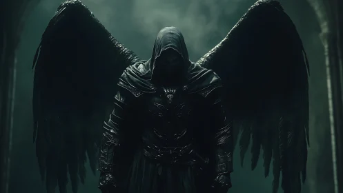 Hooded dark angel in ornate armor dominates gothic interior