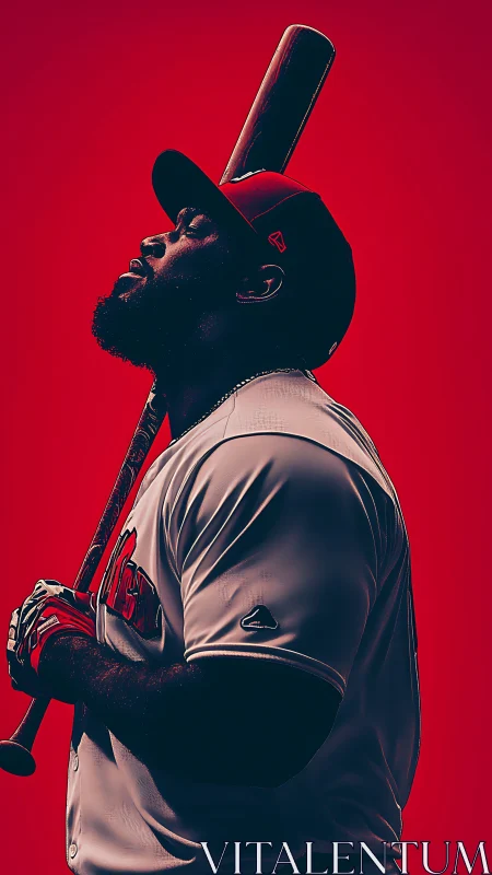 Baseball player profile with bat on red background.