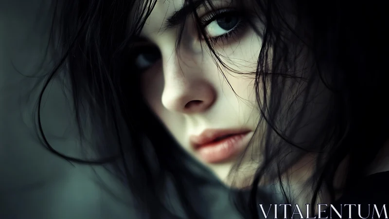 Melancholic close-up portrait with moody teal low-key light.