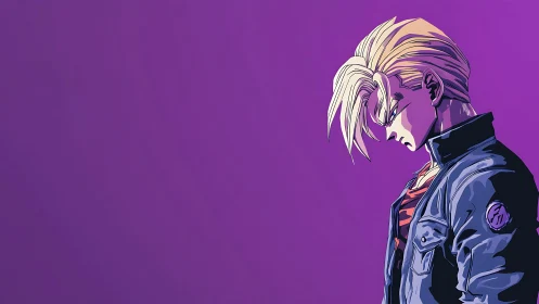 Melancholic anime warrior in profile on gradient violet field