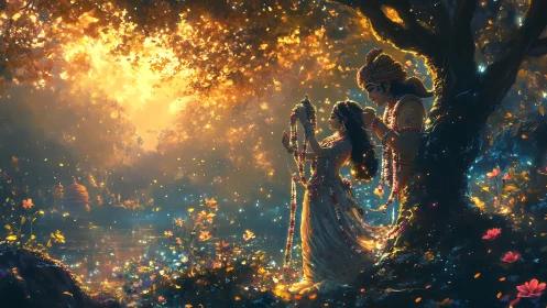 Enchanted Garden Meeting: Two Souls Connected by Golden Light