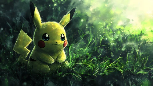 Digital painting study of Pikachu in atmospheric meadow light.