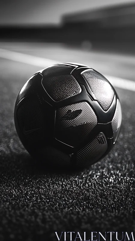 High-contrast monochrome close-up isolates textured soccer ball