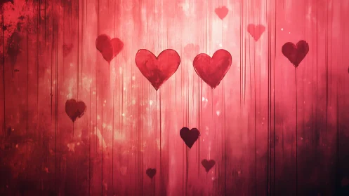 Red heart shapes floating on gradient textured background