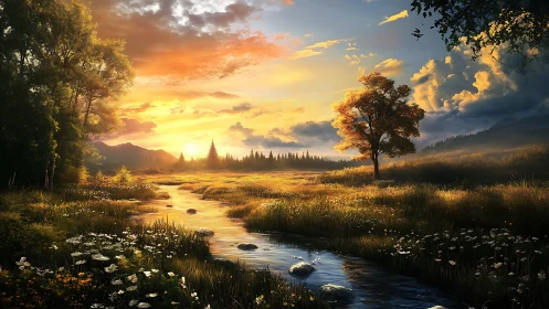 Sunlit river meadow under blazing golden sunset sky.