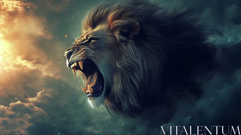 Roaring sky lion crowned by stormlit golden clouds.