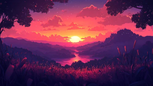 Sun sets over stylized valley lake with saturated colors