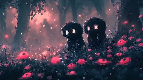 Two glowing-eyed spirits wandering through neon forest dusk.