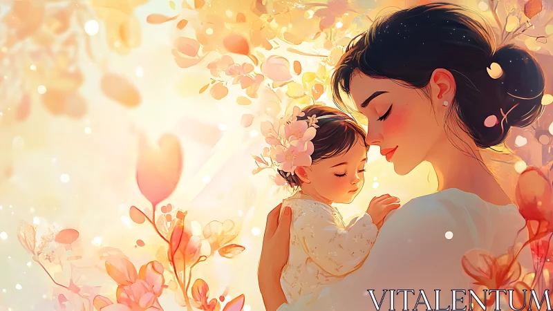 Mother holding sleeping baby in warm floral embrace.