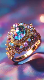 Gold ring with multicolored central gemstone is displayed