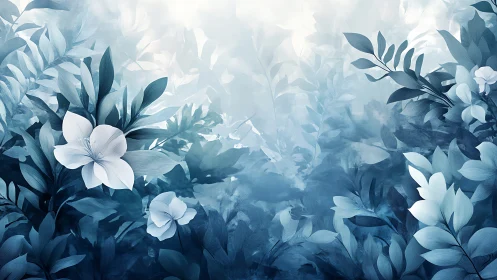 Soft blue foliage with white blossoms in diffuse light.