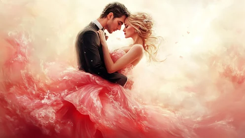 Romantic Embraced Couple in Ethereal Pink Gown.