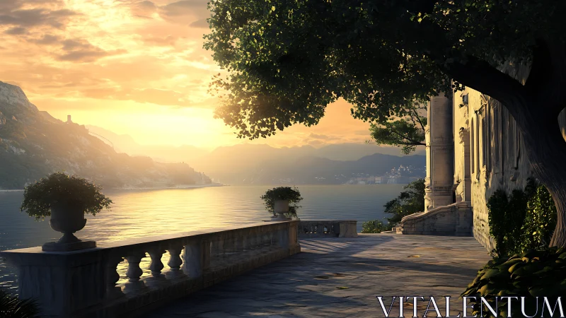 Sunlit neoclassical terrace overlooking mountainous coastal inlet.