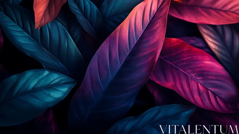 Neon tropical leaves glow in a dreamy, moody darkness