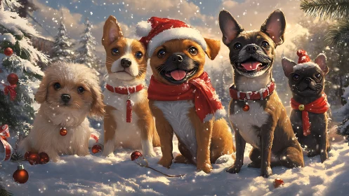 Five small dogs sit in snowy landscape with holiday decor