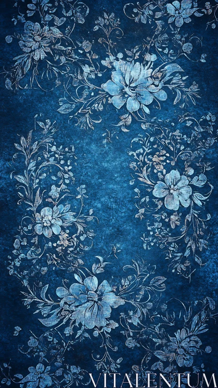 Vintage Floral Sketch on Distressed Blue Textile Background