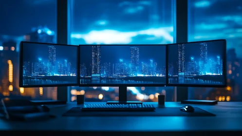 Triple monitor workstation overlooks neon blue city skyline.