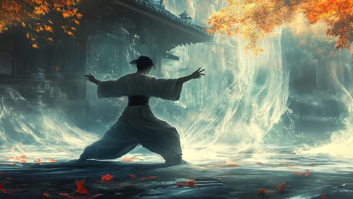 Martial artist channels elemental energy in autumn courtyard