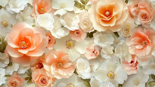 Coral and Cream Floral Arrangement: Layered Botanical Composition with Roses.