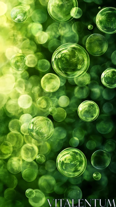 Emerald bubbles drift upward through a glowing forest haze