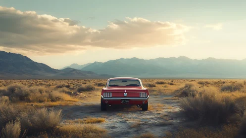 Red classic car sits on desert track facing distant mountains