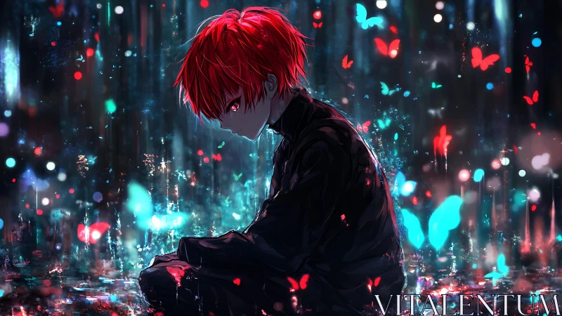 Red haired anime boy sits alone in neon butterfly rain.