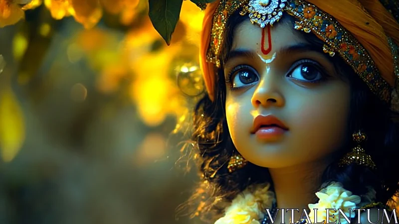 Child in ornate attire under warm golden light.