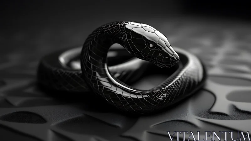 Glossy black serpent sculpture on patterned dark surface.