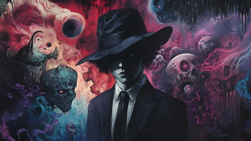 Shadowed detective faces cosmic skull storm in neon void.