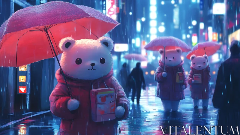 Umbrella bears wander neon rain, soft paws in city glow.