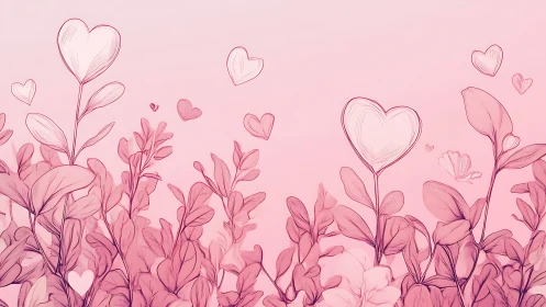 Pink botanical illustration with heart-shaped flower elements and layered foliage compositions.
