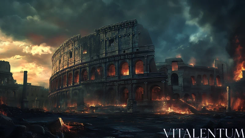 Colosseum engulfed in large-scale inferno under storm-laden sky